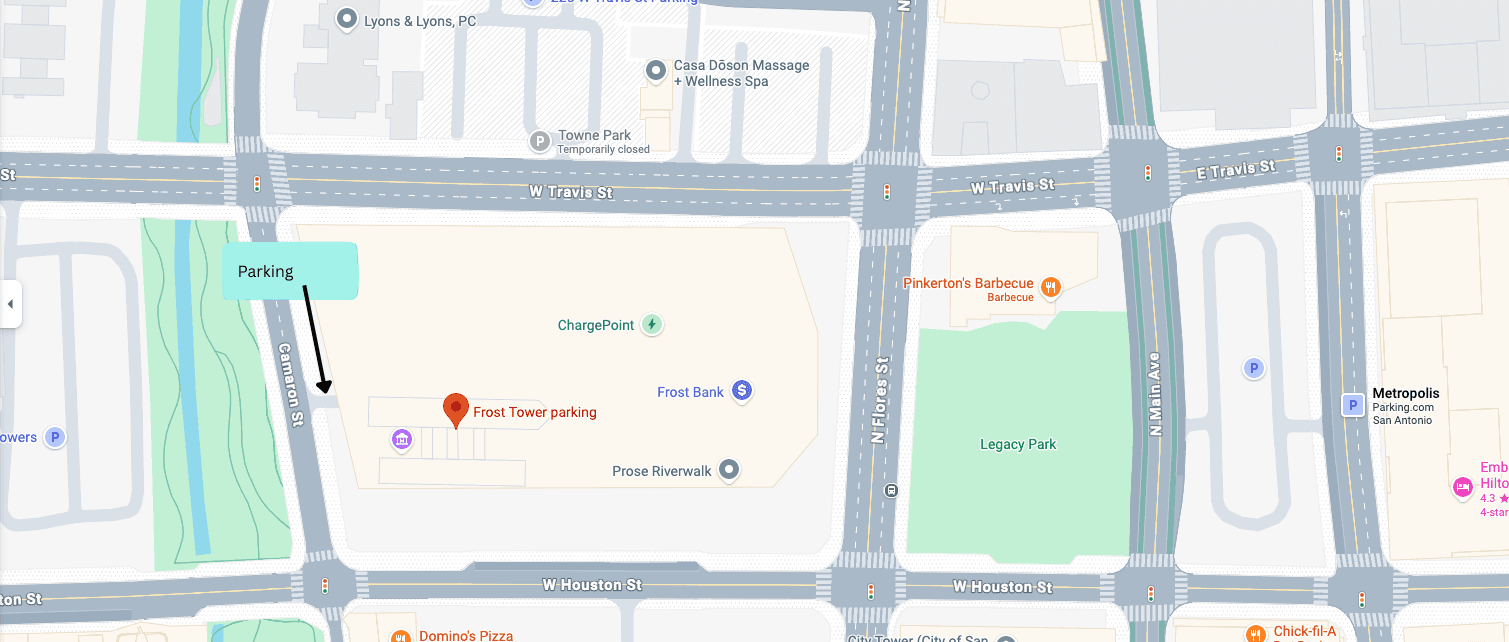 Parking map showing Frost Tower parking entrance from Cameron Street