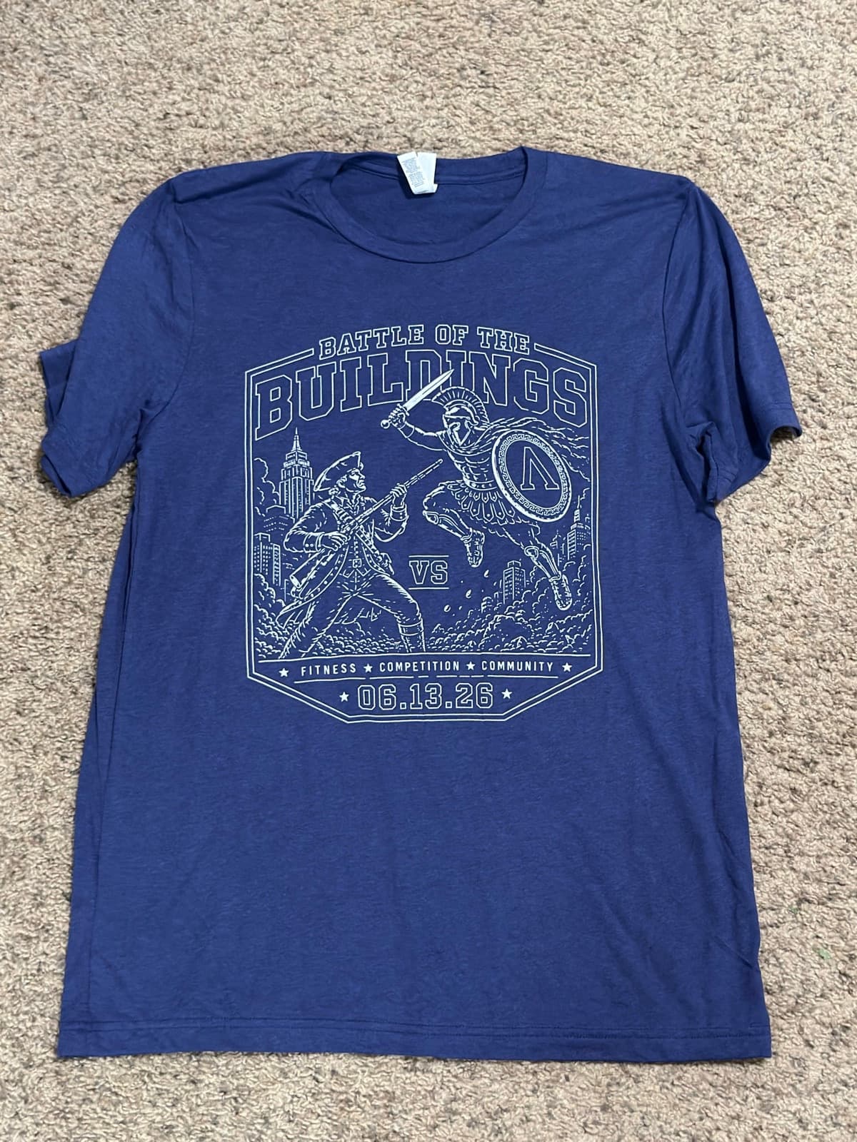Blue Battle of the Buildings T-shirt front design